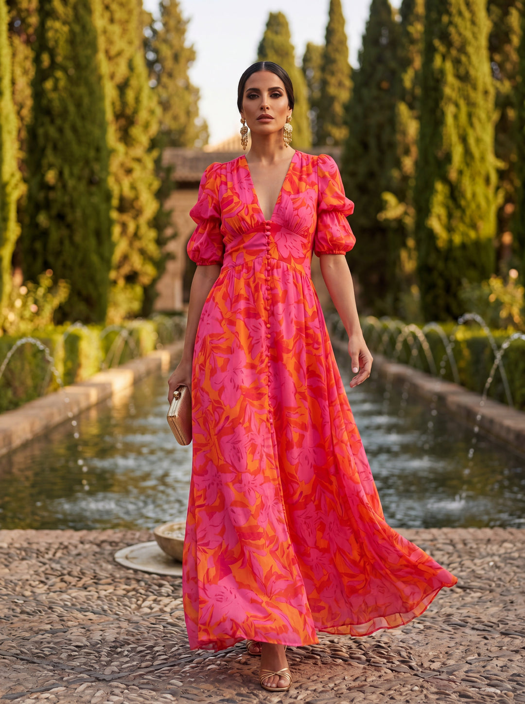 Oliva | Floral Maxi Dress with Puff Sleeves and V-Neck