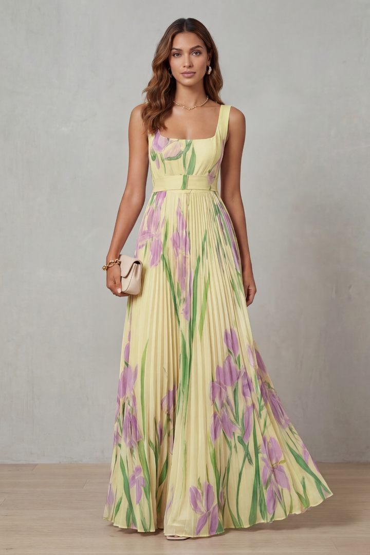 Viviana | Pleated Floral Watercolour Maxi Dress