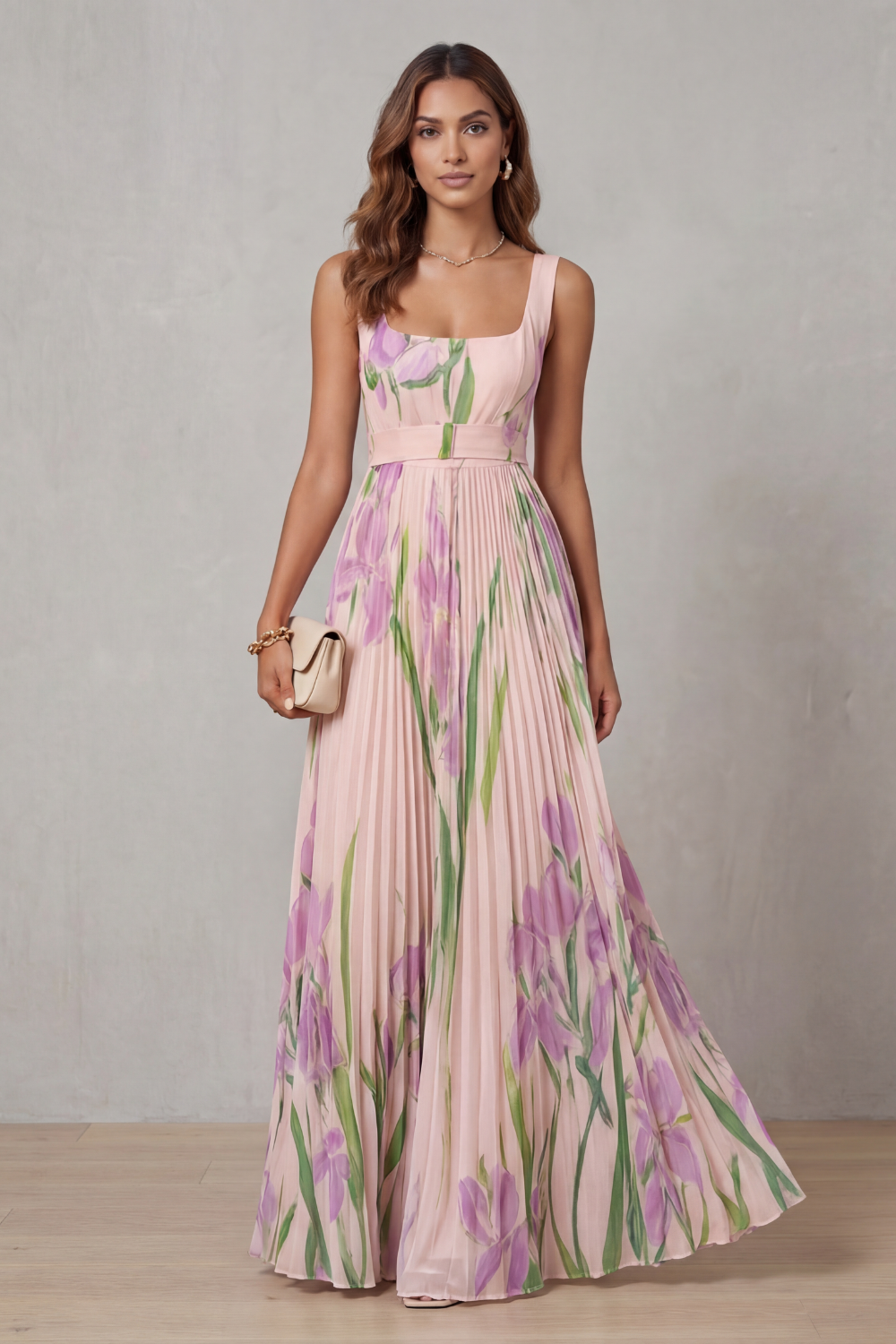 Viviana | Pleated Floral Watercolour Maxi Dress