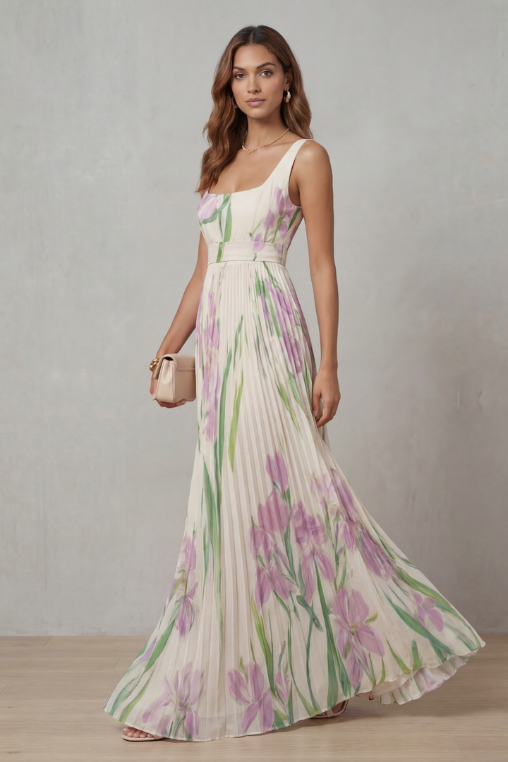 Viviana | Pleated Floral Watercolour Maxi Dress