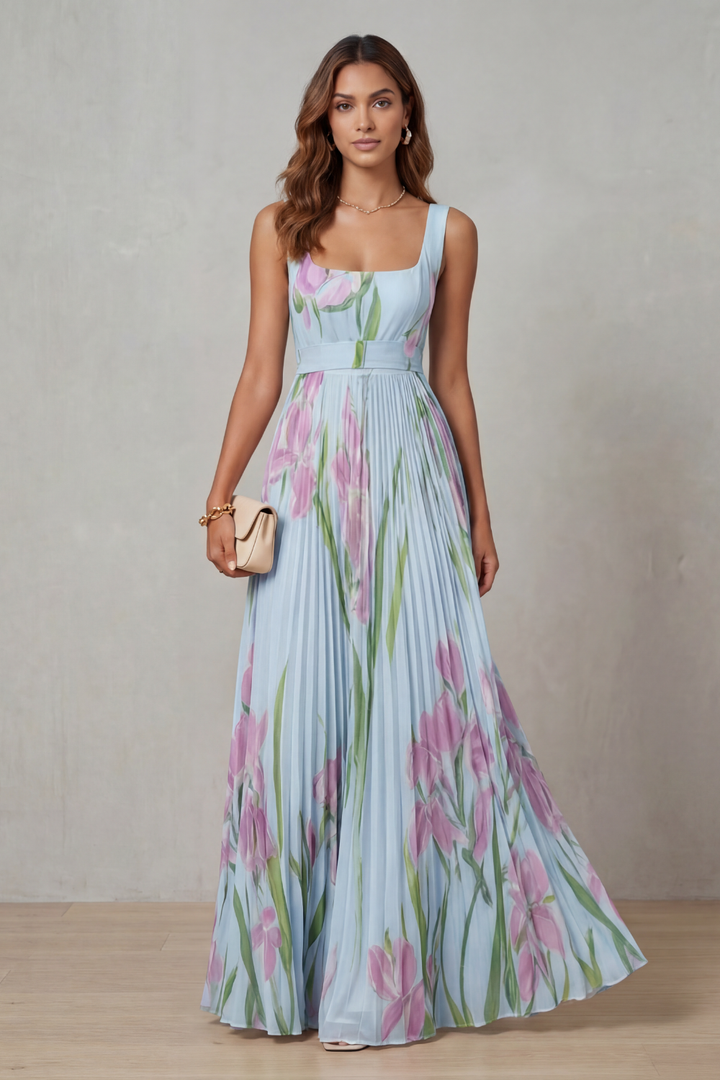 Viviana | Pleated Floral Watercolour Maxi Dress