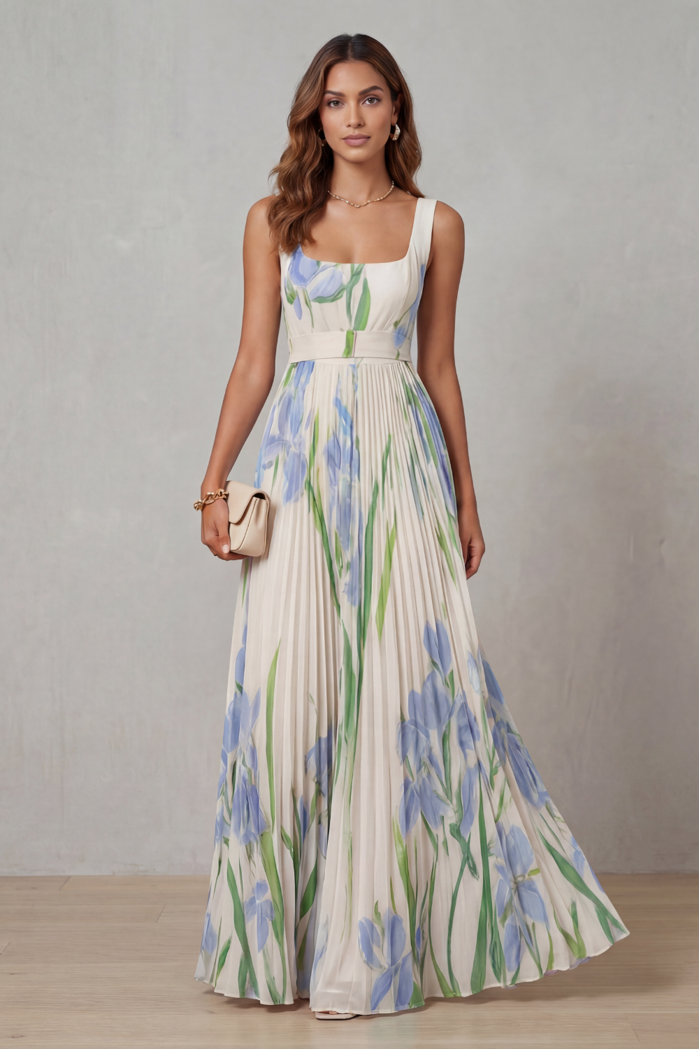 Viviana | Pleated Floral Watercolour Maxi Dress