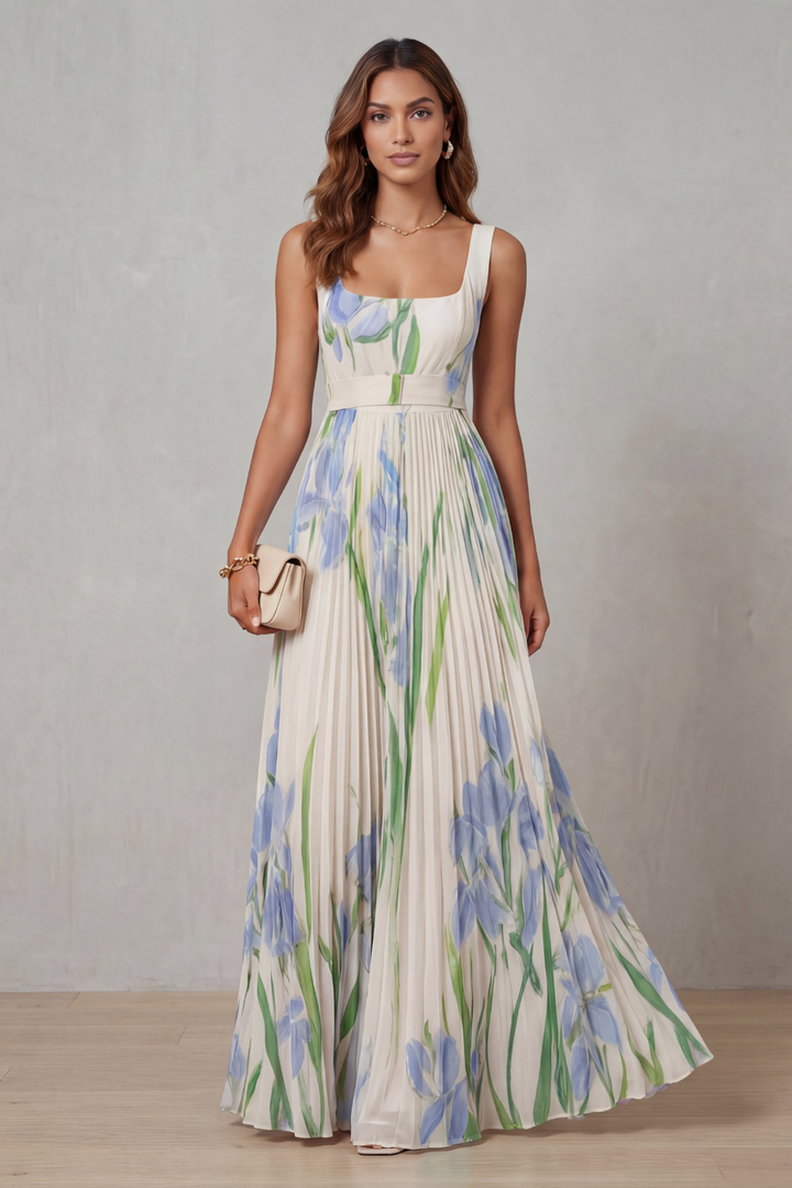 Viviana | Pleated Floral Watercolour Maxi Dress