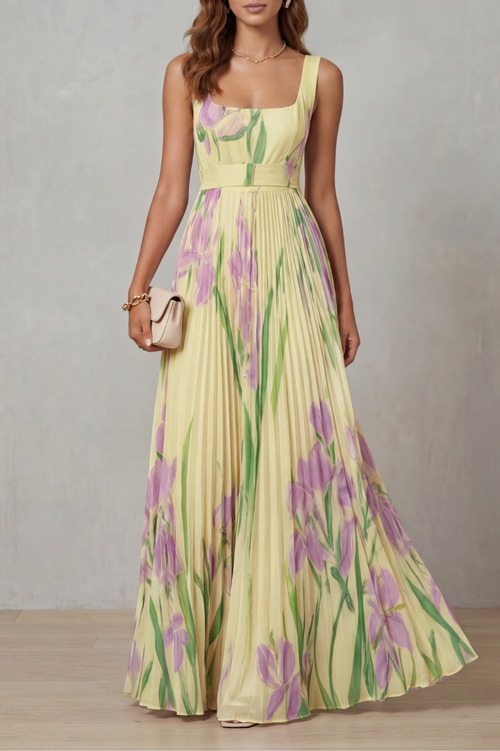Viviana | Pleated Floral Watercolour Maxi Dress