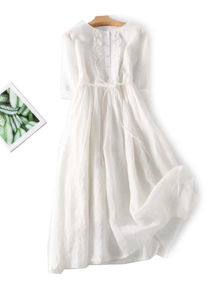 Arya | Womens Art Retro Round Neck Lace Up Waist Dress