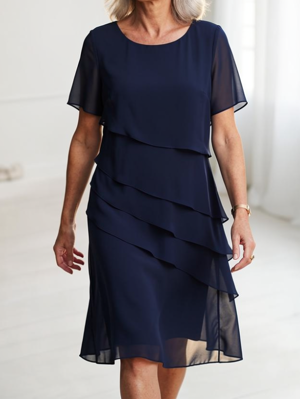 Daphne | Layered Round-Neck Short-Sleeve Midi Cocktail Dress