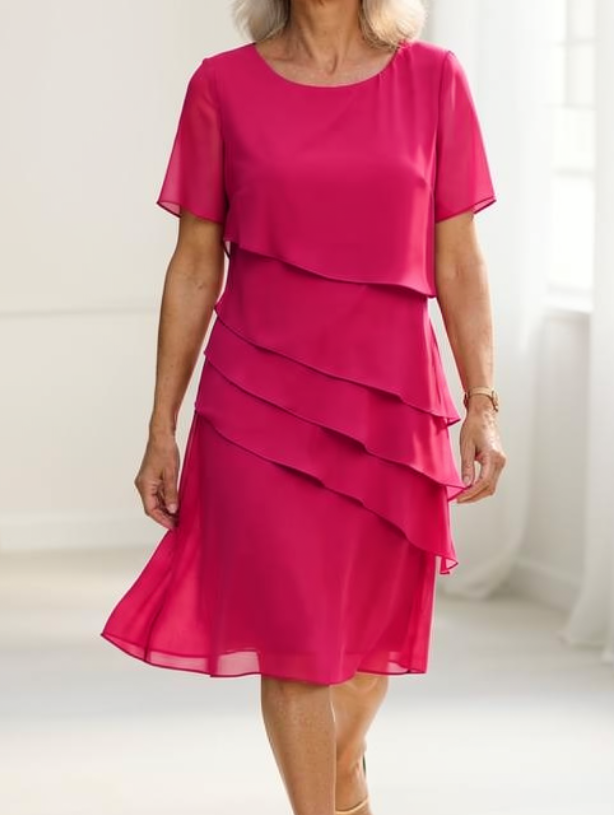 Daphne | Layered Round-Neck Short-Sleeve Midi Cocktail Dress