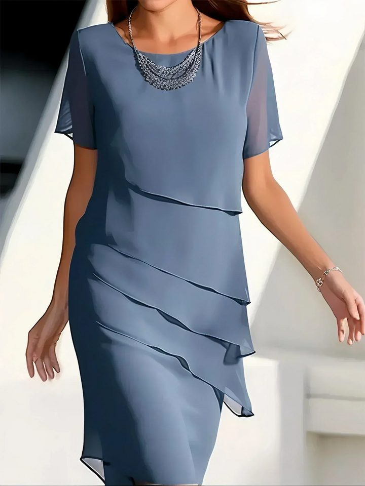 Vivienne | Layered Round-Neck Short-Sleeve Asymmetric Midi Dress