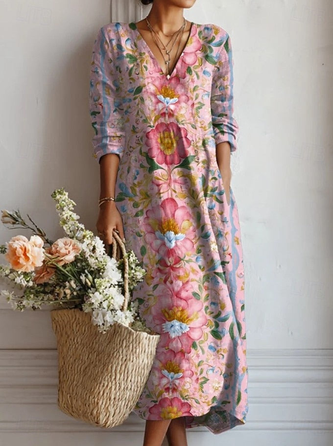 Kelly | Floral V-Neck 3/4-Sleeve A-Line Maxi Dress