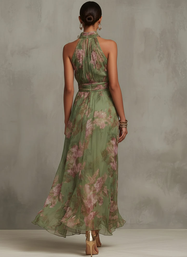 Firenze | Green Floral Chiffon Maxi Dress, Open Back