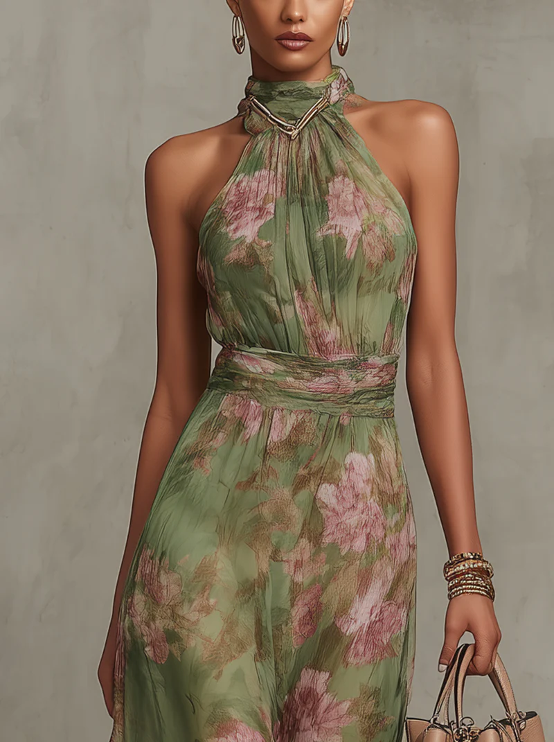 Firenze | Green Floral Chiffon Maxi Dress, Open Back