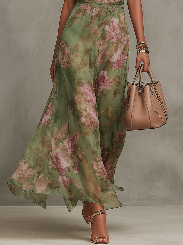 Firenze | Green Floral Chiffon Maxi Dress, Open Back