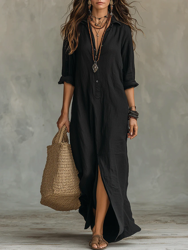 Alessandra | Soft Black Maxi Dress with Buttons