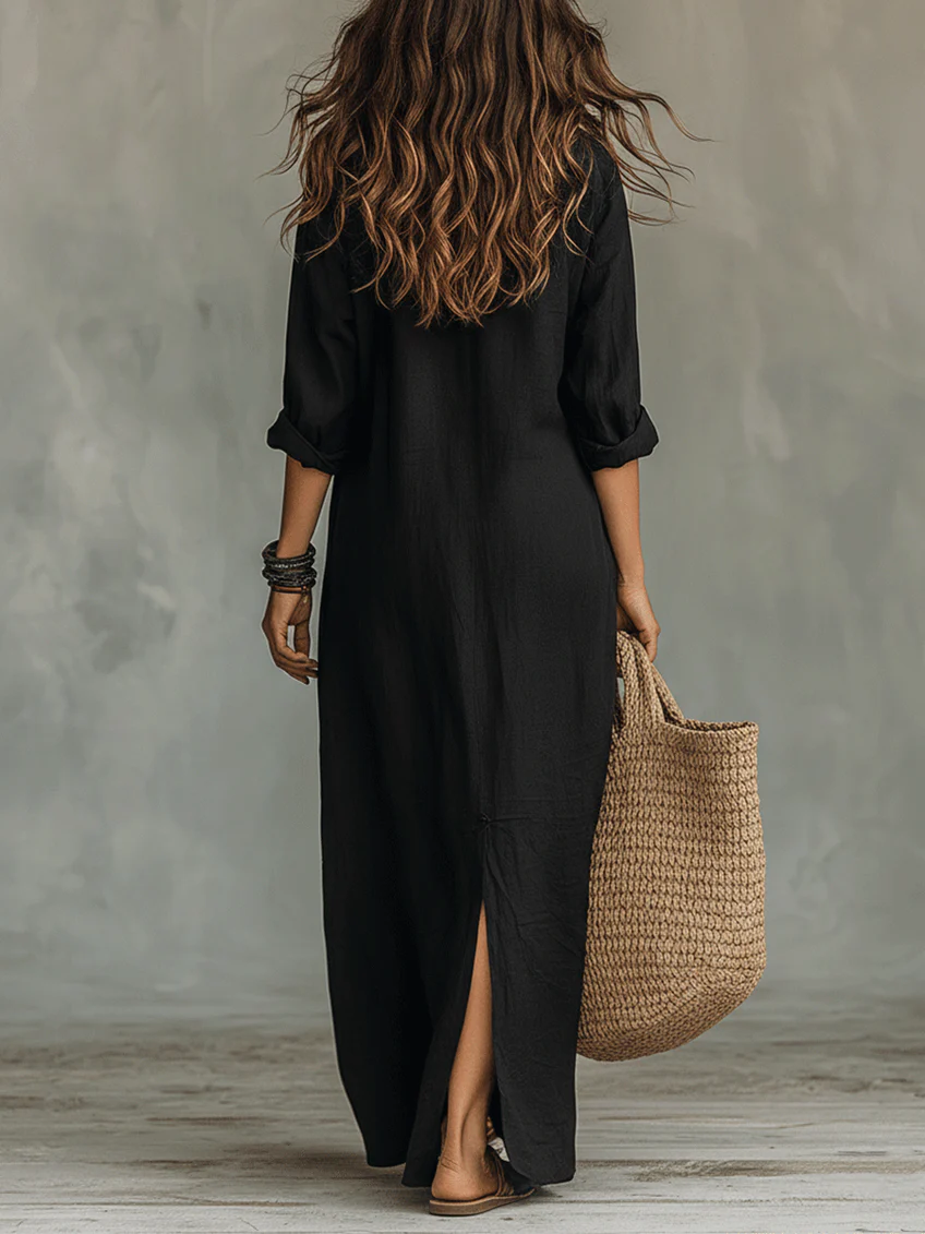 Alessandra | Soft Black Maxi Dress with Buttons