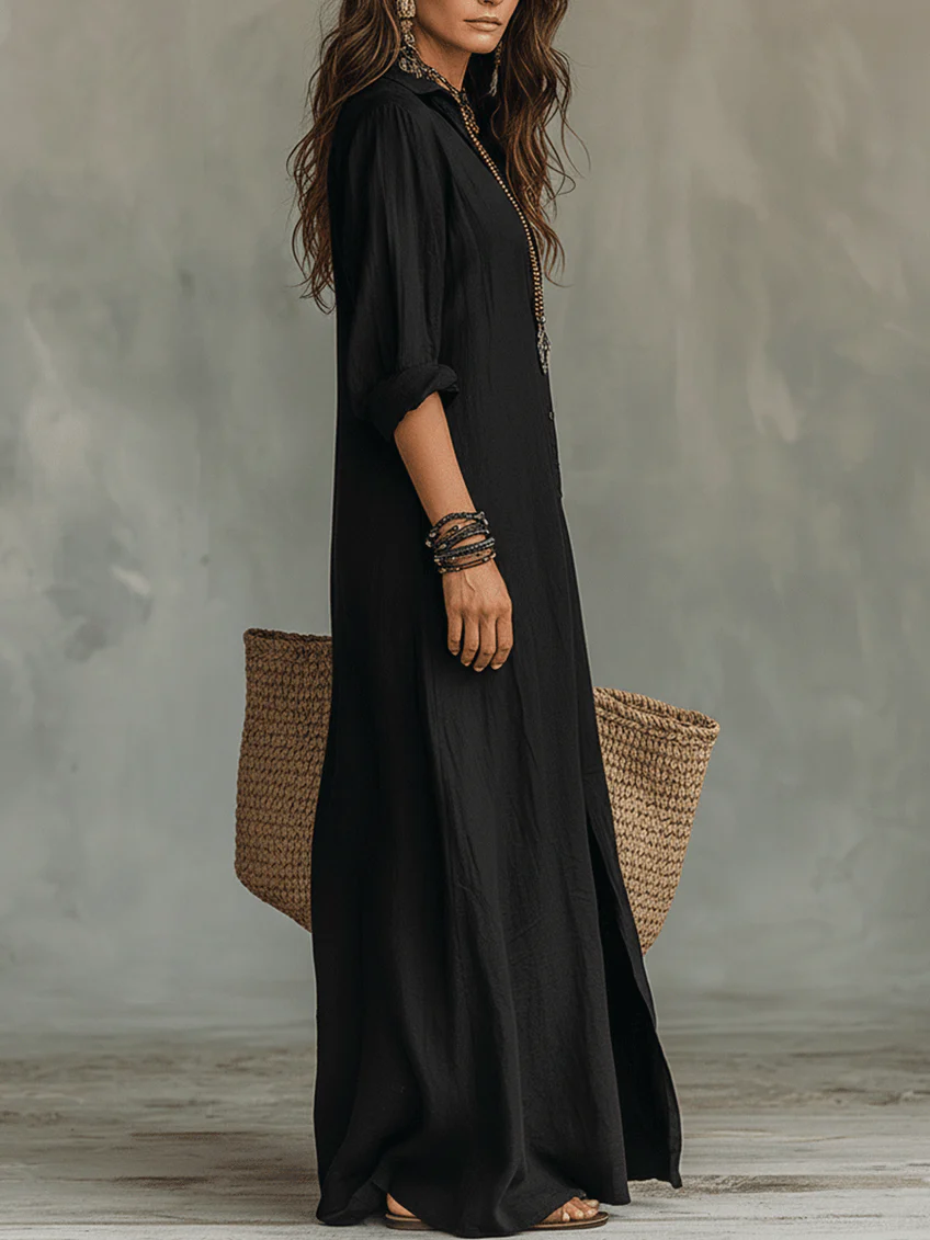 Alessandra | Soft Black Maxi Dress with Buttons
