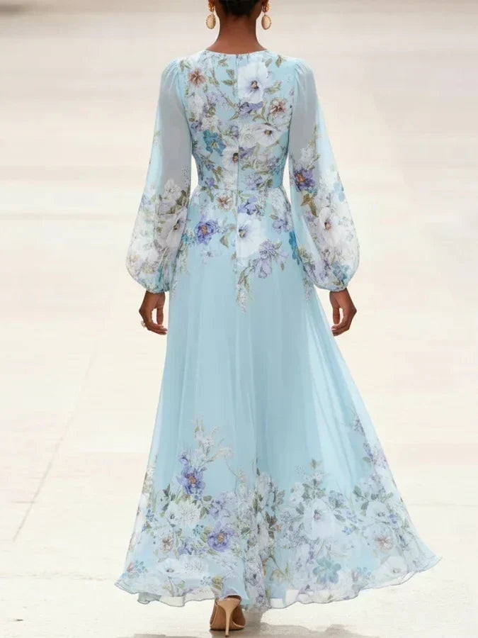 Mia | Light Blue Floral Chiffon Maxi Dress, V-Neck