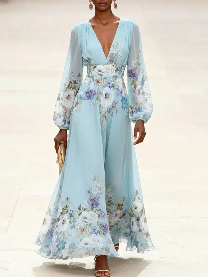 Mia | Light Blue Floral Chiffon Maxi Dress, V-Neck