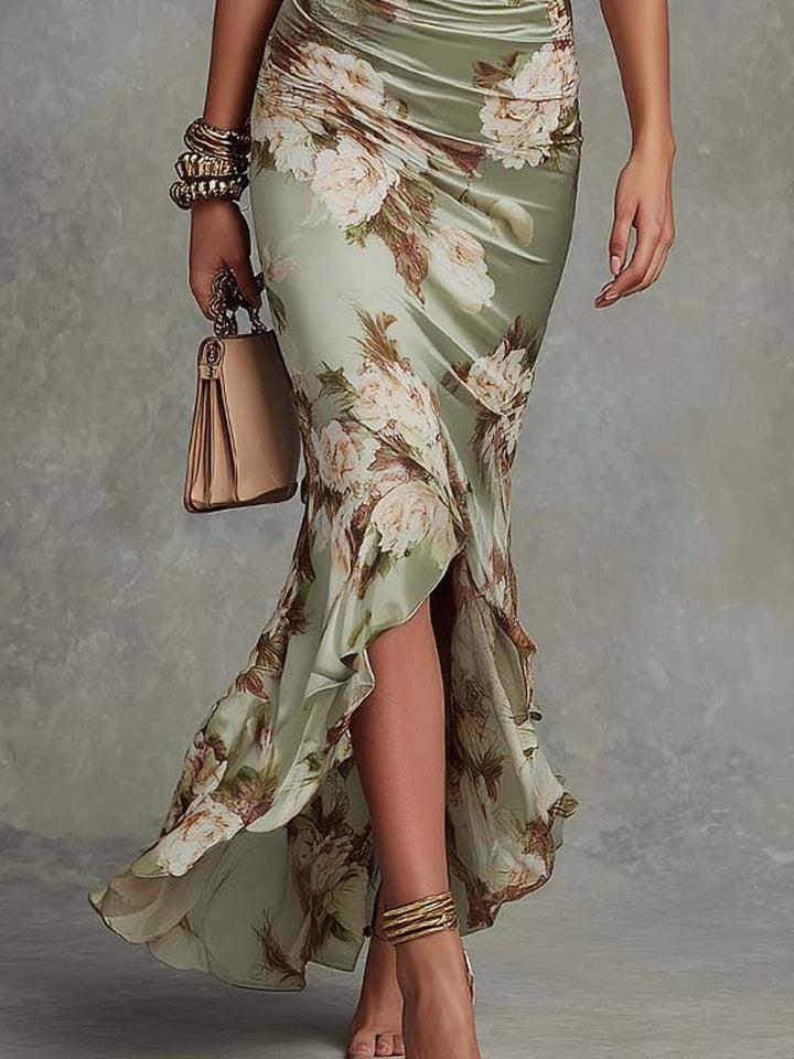 Olivenna | Green Satin Floral Maxi