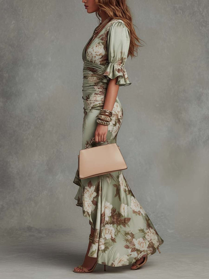 Olivenna | Green Satin Floral Maxi