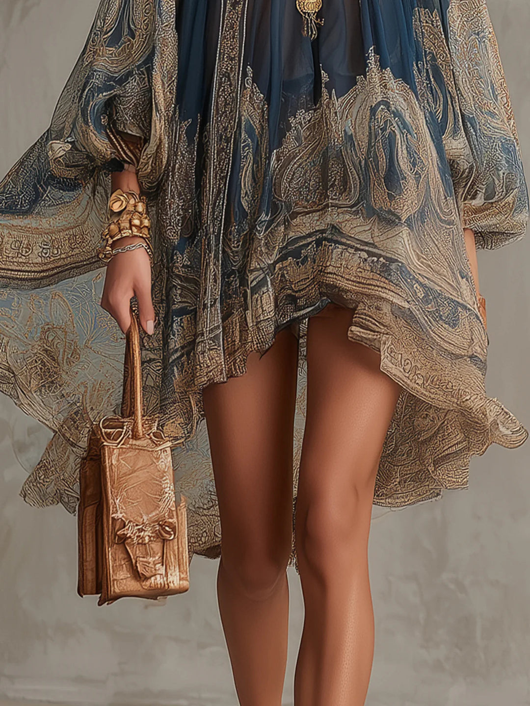 Sadie | Asymmetric Satin Mini Dress with Navy Baroque Print and Stand Collar