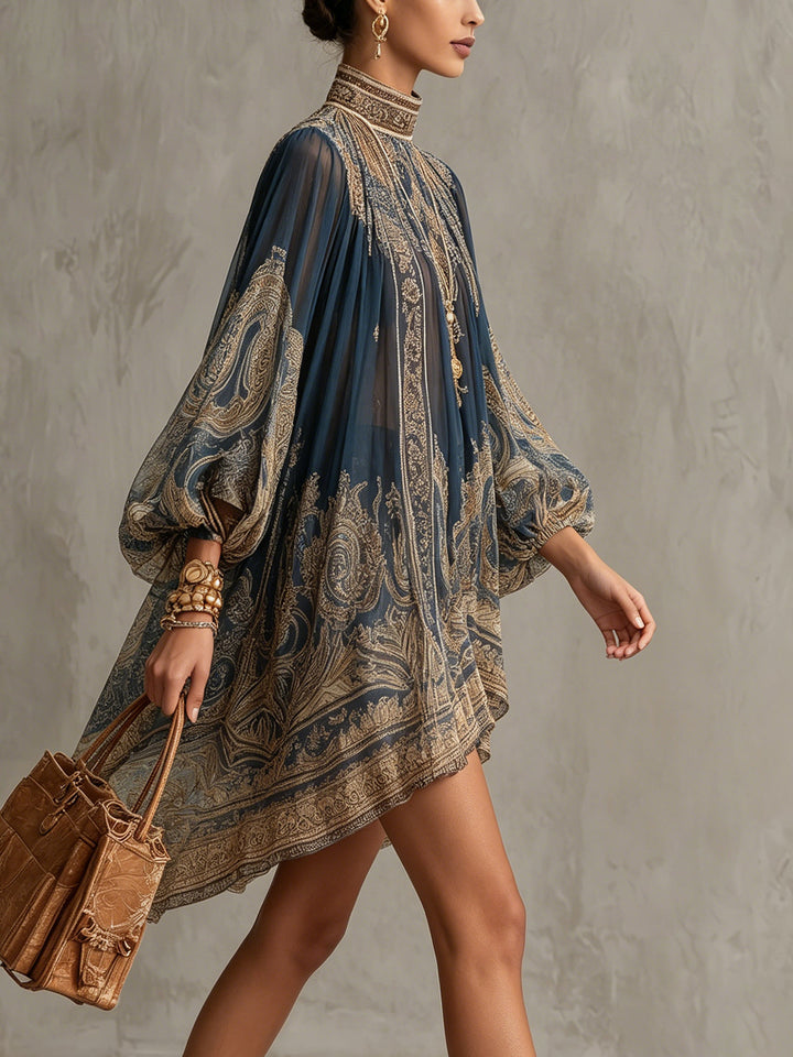 Sadie | Asymmetric Satin Mini Dress with Navy Baroque Print and Stand Collar