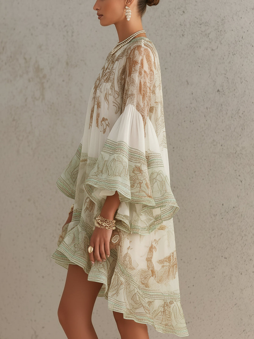 Lucy | Ruffle-Sleeve Satin Mini Dress with Green Striped Hem