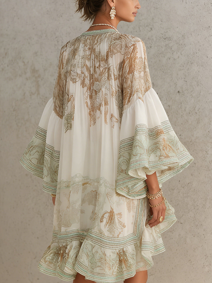 Lucy | Ruffle-Sleeve Satin Mini Dress with Green Striped Hem