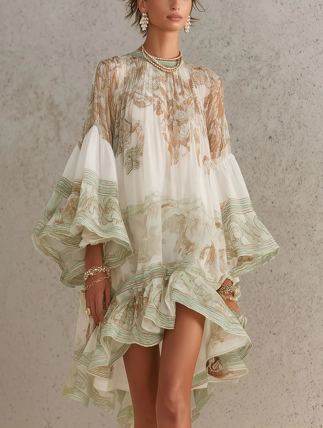 Lucy | Ruffle-Sleeve Satin Mini Dress with Green Striped Hem