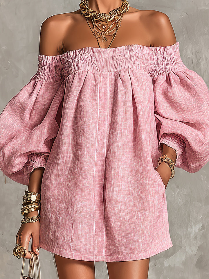 Emily | Pink Trapeze Mini Dress with Lantern Sleeves and Off-Shoulder Neckline