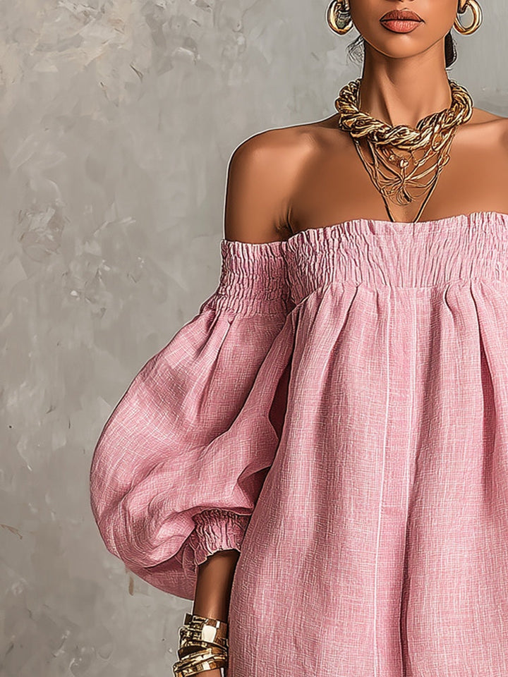 Emily | Pink Trapeze Mini Dress with Lantern Sleeves and Off-Shoulder Neckline