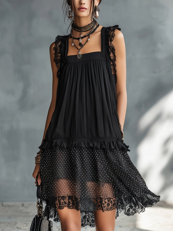 Harper | Sheer Polka-Dot Ruffle Mini Dress with Black Lace Trim