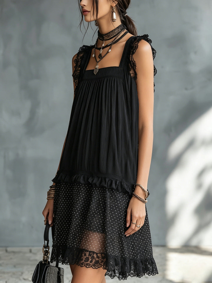 Harper | Sheer Polka-Dot Ruffle Mini Dress with Black Lace Trim