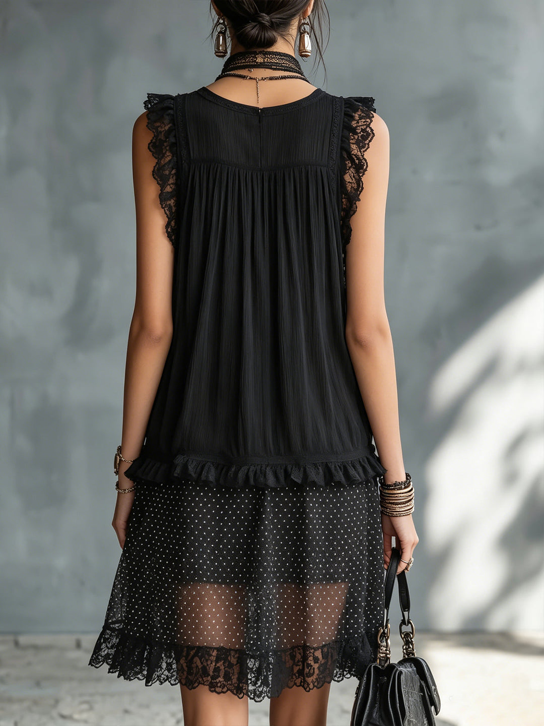 Harper | Sheer Polka-Dot Ruffle Mini Dress with Black Lace Trim