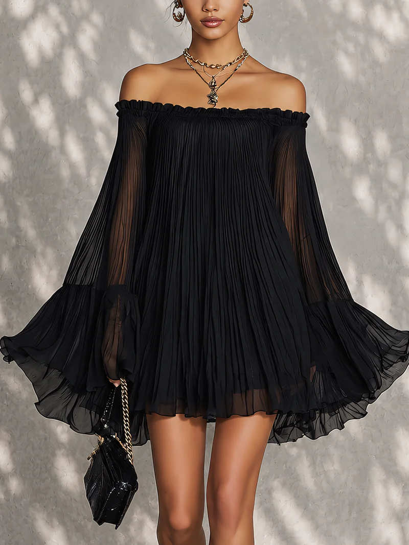 Maeve | Black Mini Dress with Bell Sleeves and Ruched Off-Shoulder Neckline