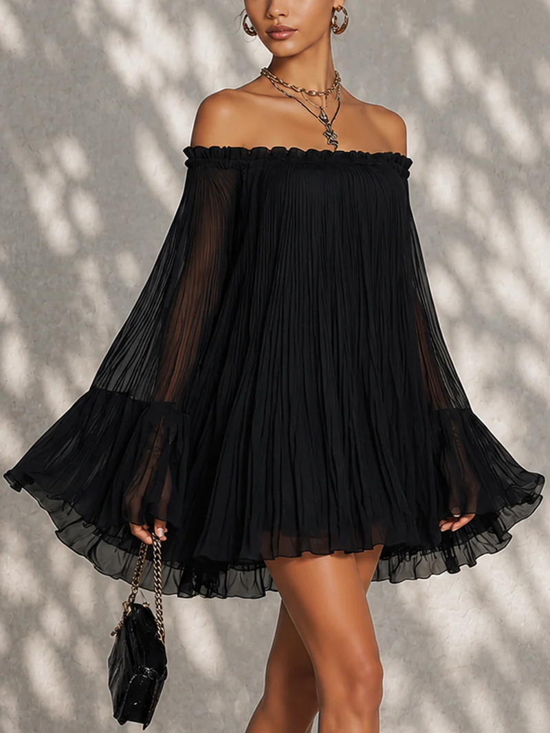 Maeve | Black Mini Dress with Bell Sleeves and Ruched Off-Shoulder Neckline