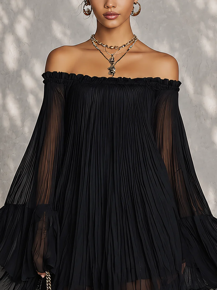 Maeve | Black Mini Dress with Bell Sleeves and Ruched Off-Shoulder Neckline