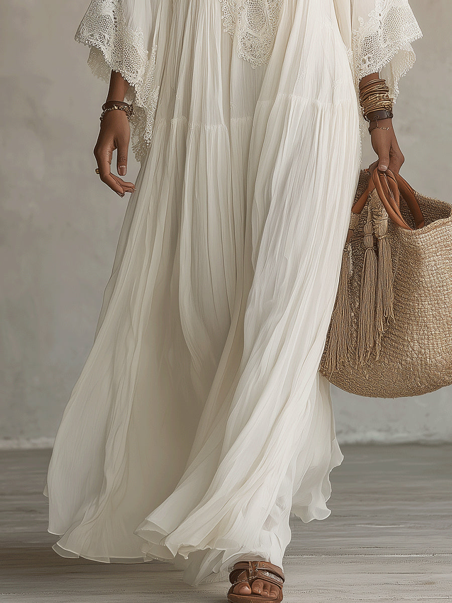 Celeste | Long Ivory Chiffon Dress with Bat Sleeves and White Lace