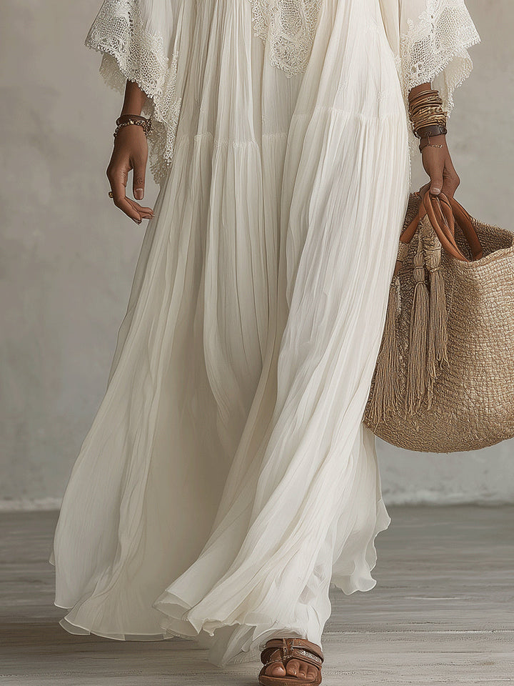 Celeste | Long Ivory Chiffon Dress with Bat Sleeves and White Lace