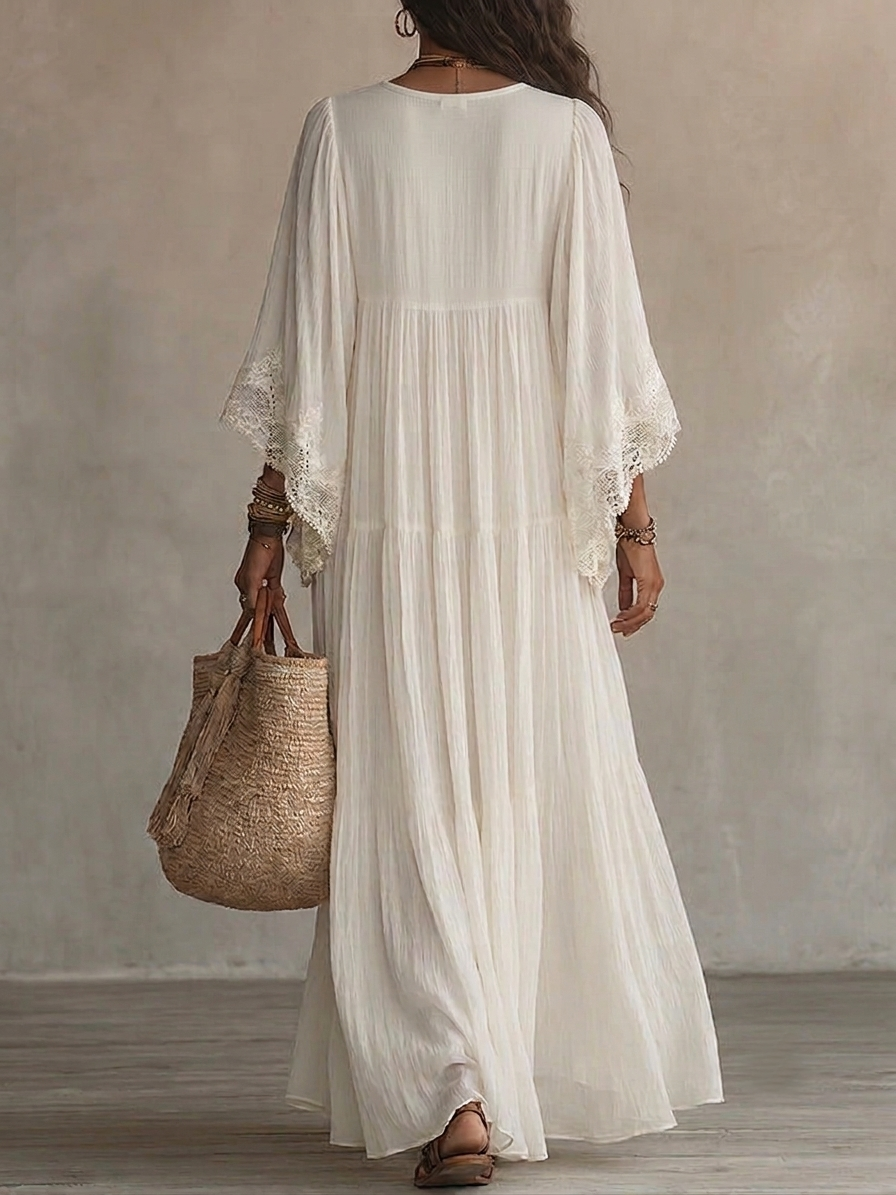 Celeste | Long Ivory Chiffon Dress with Bat Sleeves and White Lace