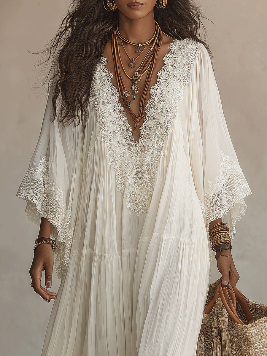 Celeste | Long Ivory Chiffon Dress with Bat Sleeves and White Lace