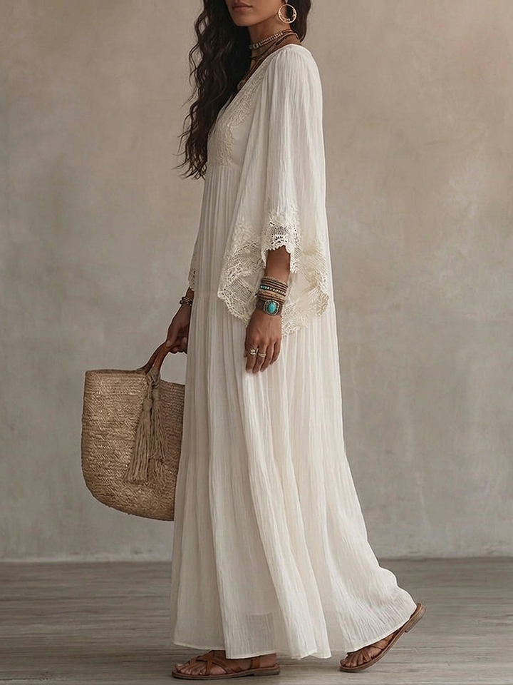 Celeste | Long Ivory Chiffon Dress with Bat Sleeves and White Lace