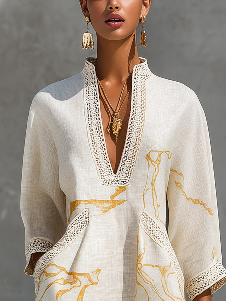 Lily | Ivory Crochet Lace Mini Dress with Gold Motifs and V-Neck