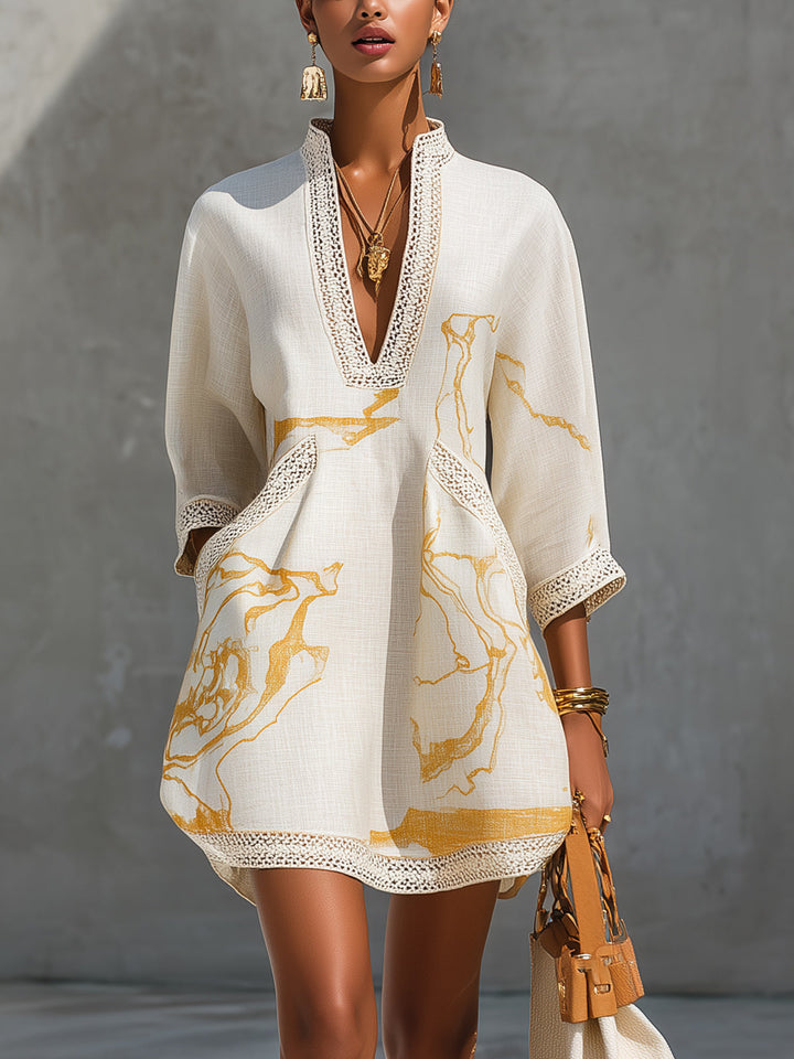 Lily | Ivory Crochet Lace Mini Dress with Gold Motifs and V-Neck