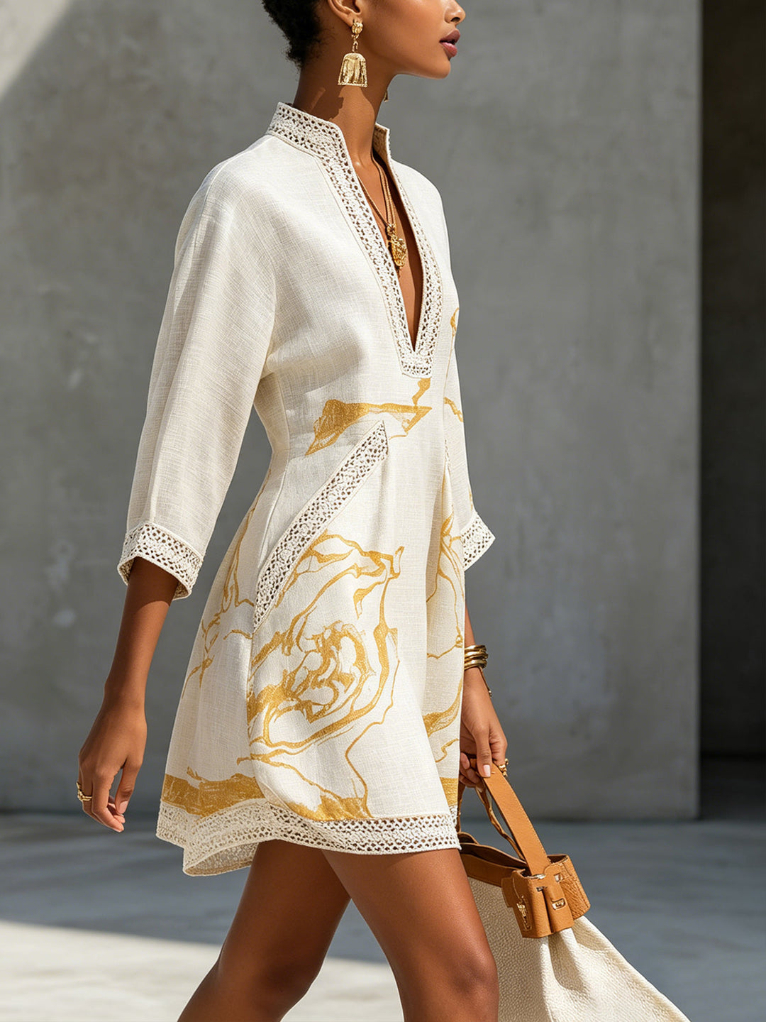Lily | Ivory Crochet Lace Mini Dress with Gold Motifs and V-Neck