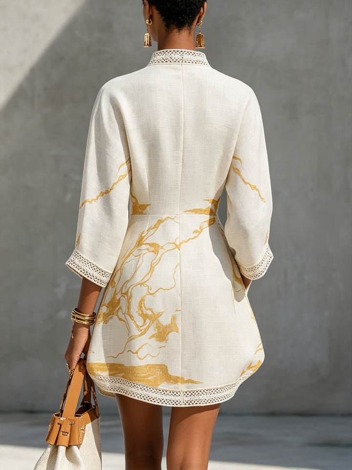 Lily | Ivory Crochet Lace Mini Dress with Gold Motifs and V-Neck
