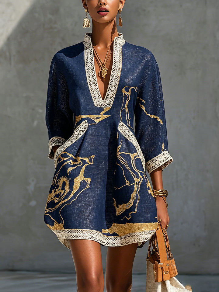 Ella | Navy Crochet Lace Mini Dress with Gold Motifs and V-Neck