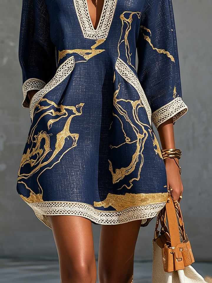 Ella | Navy Crochet Lace Mini Dress with Gold Motifs and V-Neck