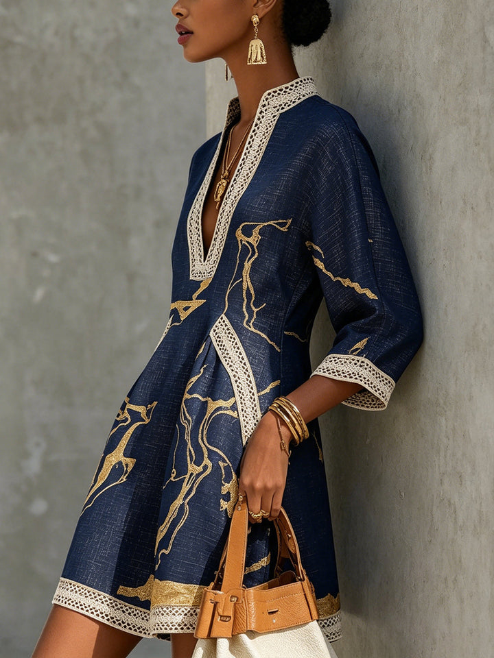 Ella | Navy Crochet Lace Mini Dress with Gold Motifs and V-Neck