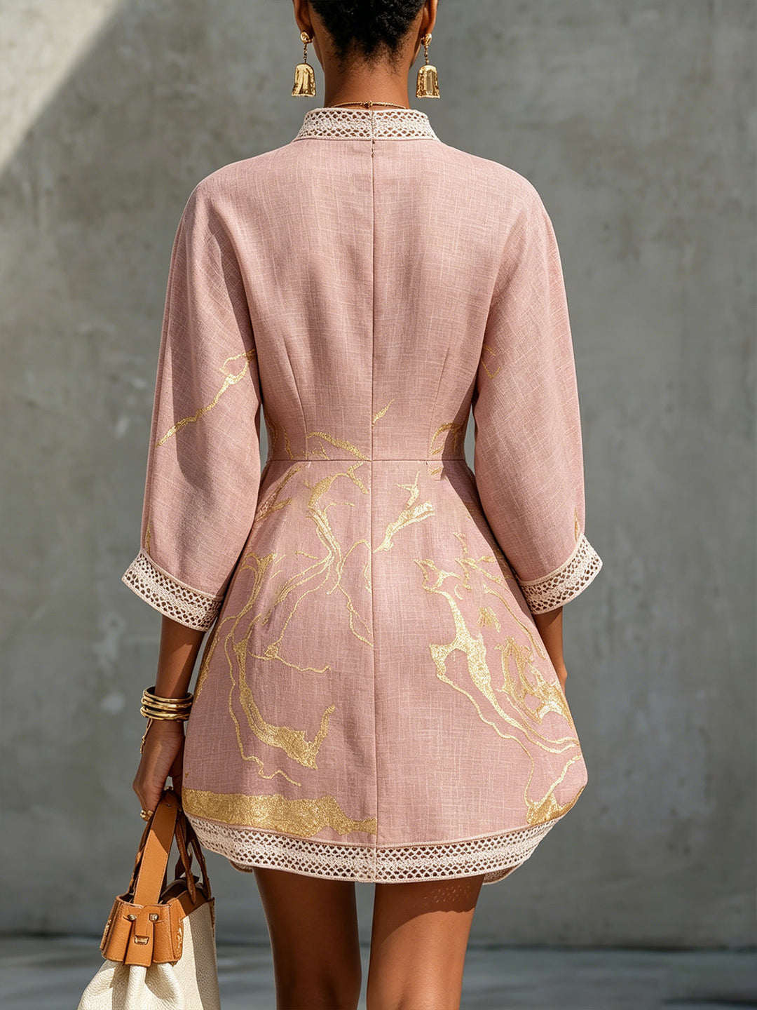 Freya | Pink Crochet Lace Mini Dress with Gold Motifs and V-Neck