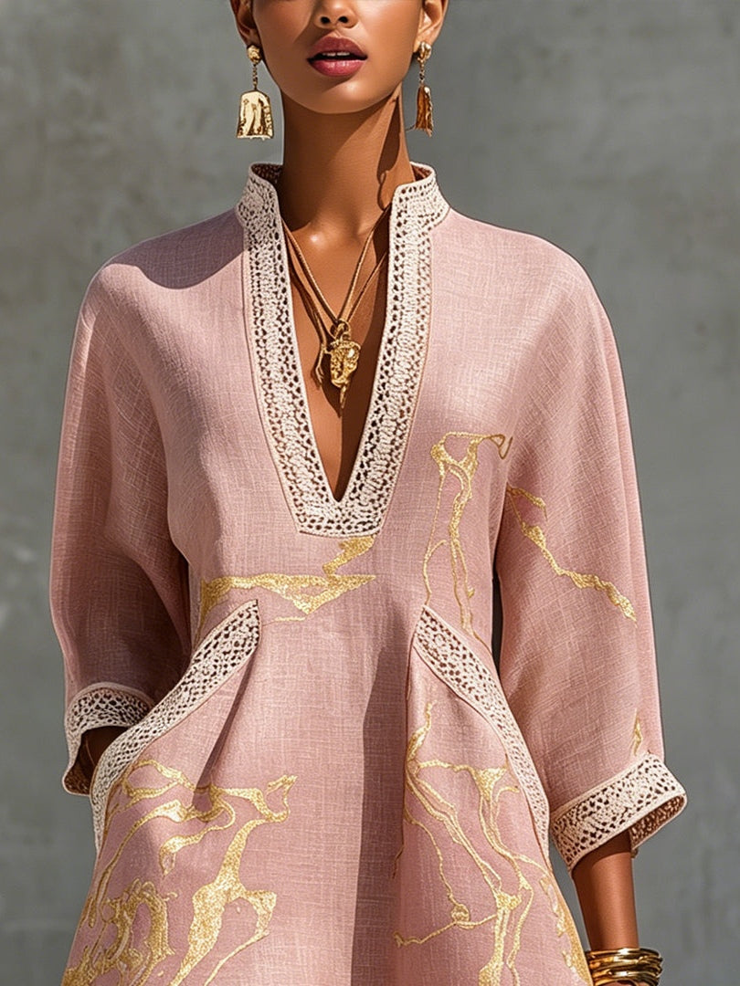 Freya | Pink Crochet Lace Mini Dress with Gold Motifs and V-Neck